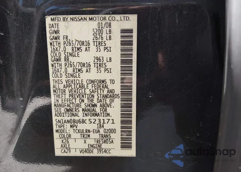 2008 Nissan Xterra S z USA, uszkodzony, nr VIN 5N1AN08U68C523171